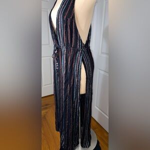 Boho Me Maxi Dress Cover-Up M | Bohemian Striped Swim Coverup Slit Sides